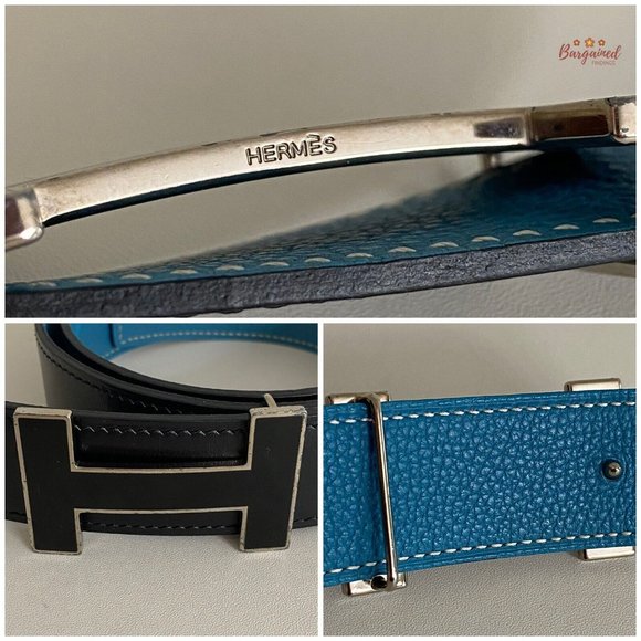 Authentic HERMES Black Smooth & Blue Pebbled Leather H Black Reversible Belt 85 main image 7
